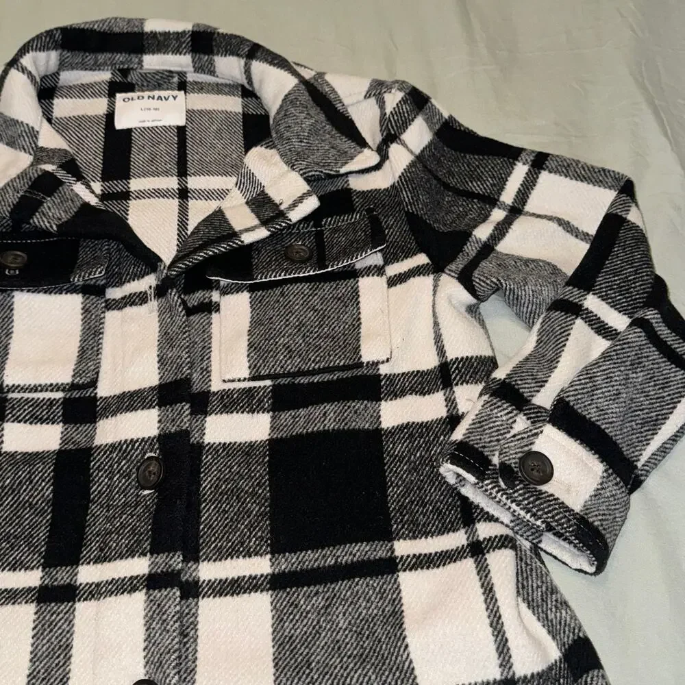 Old‎ Navy Plaid Textured Shacket for Girls Size Large (10/12) Black & White